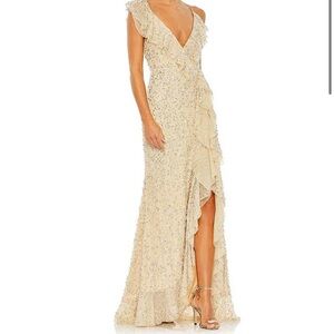Mac Duggal Sequin V-Neck Sleeveless Cascading Wrap Ruffle Gown